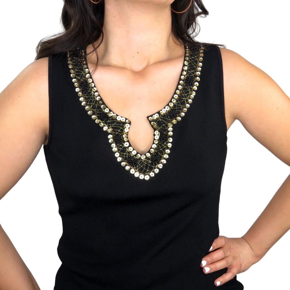 90s Cable & Gauge Vintage Black Beaded Rhinestone Ribbed Knit Top Small